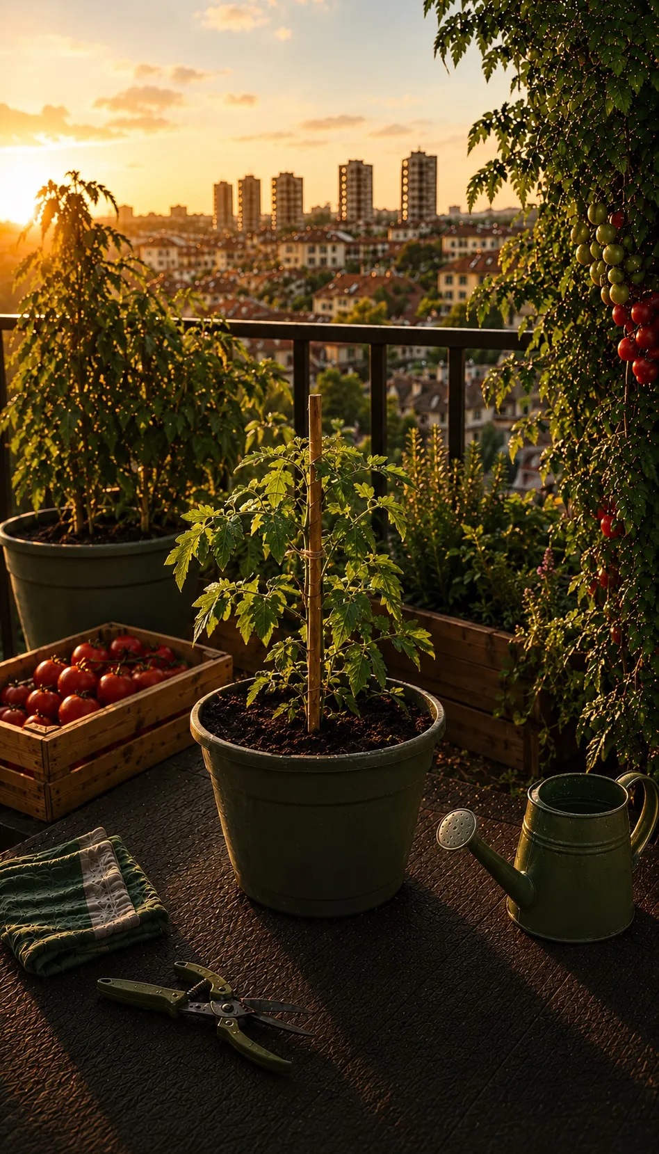 Una planta de tomate en un balcón soleado