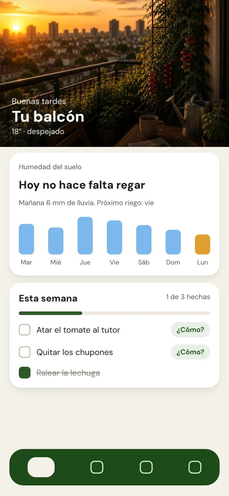 Pantalla de inicio de Cropanion: estado del riego y tareas de la semana