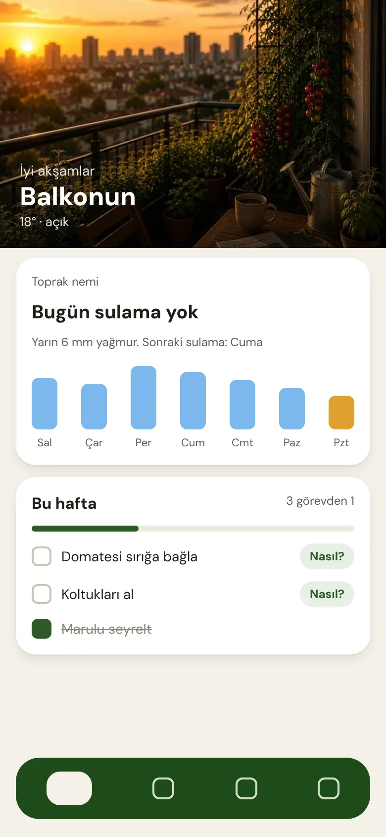 Cropanion ana ekranı: sulama durumu ve bu haftanın görevleri