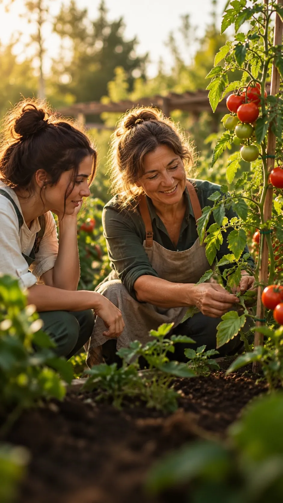 Dos productores cuidando plantas de tomate